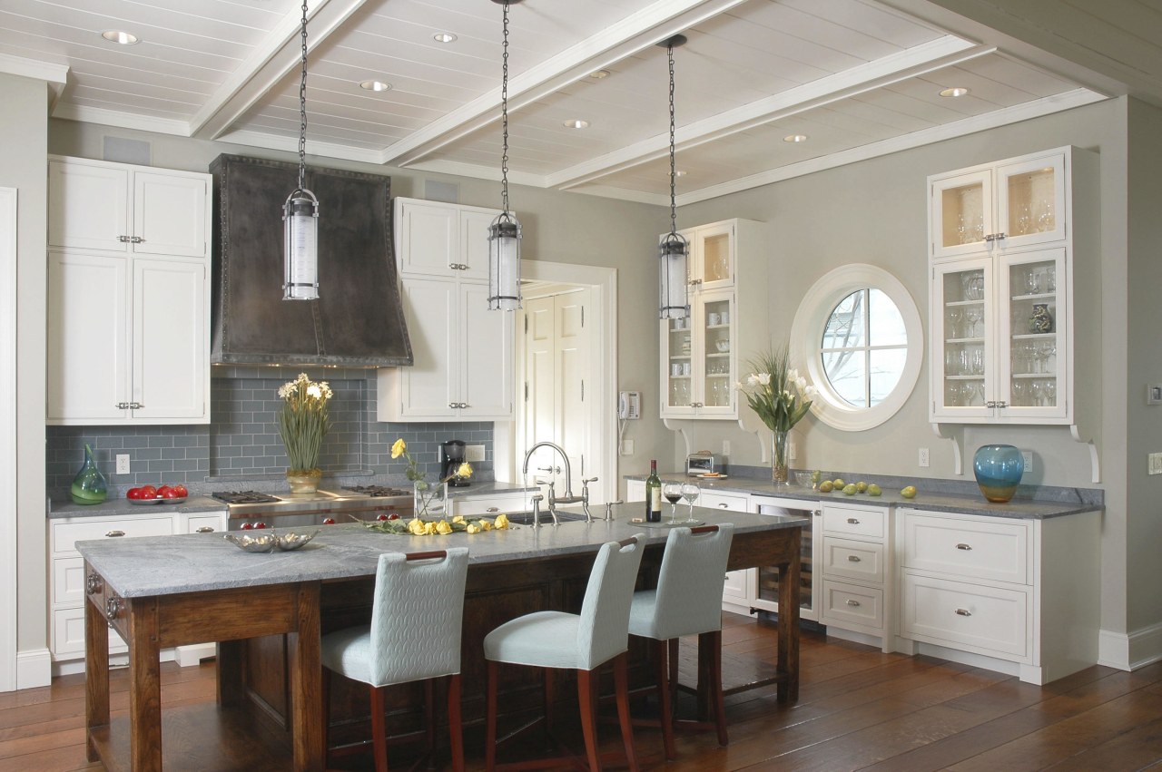 A view of this contemporary kitchen designed by cabinetry, ceiling, countertop, cuisine classique, dining room, interior design, kitchen, room, gray