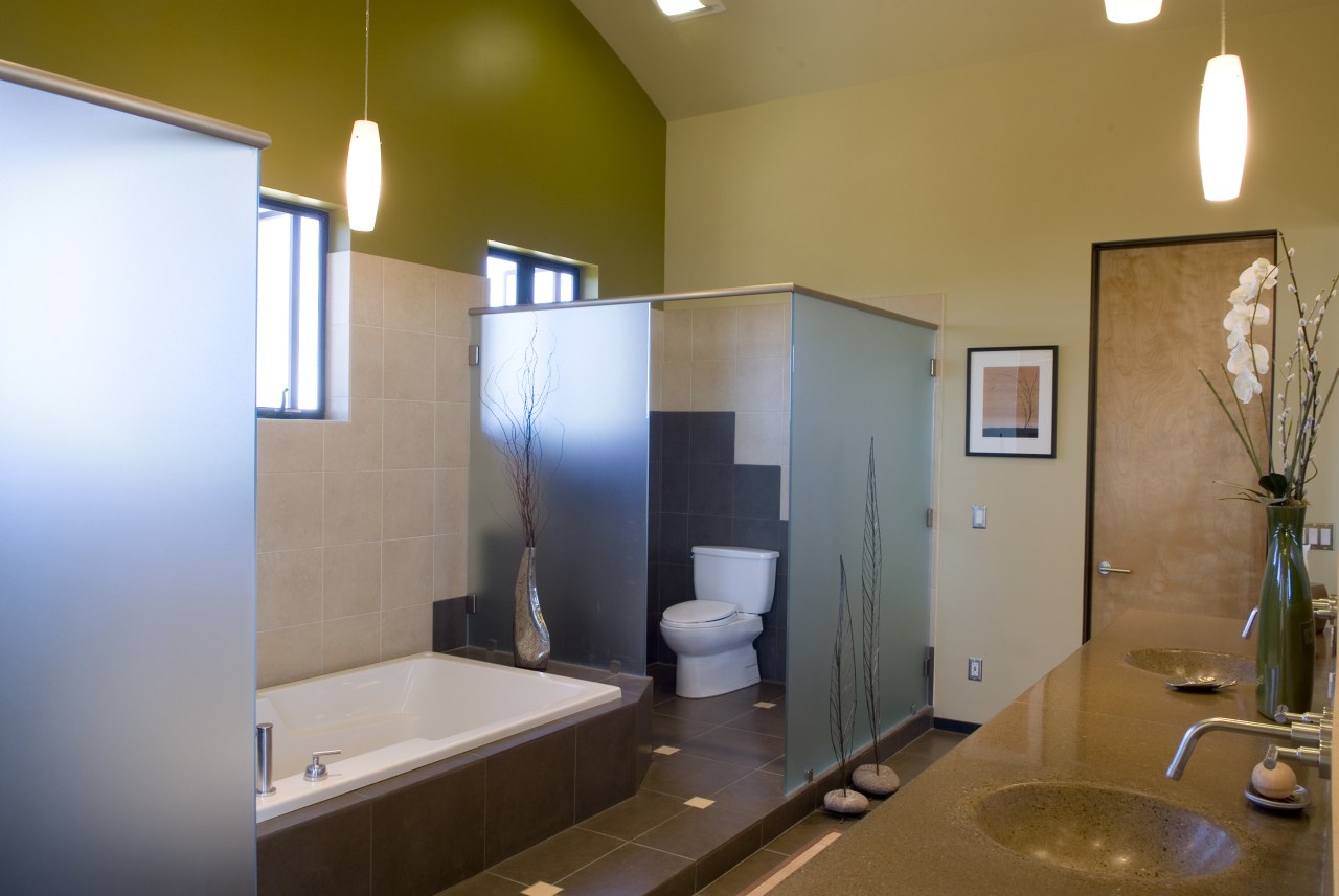 A view of this bathroom featuring tiled flooring, architecture, bathroom, ceiling, daylighting, home, house, interior design, real estate, room, brown