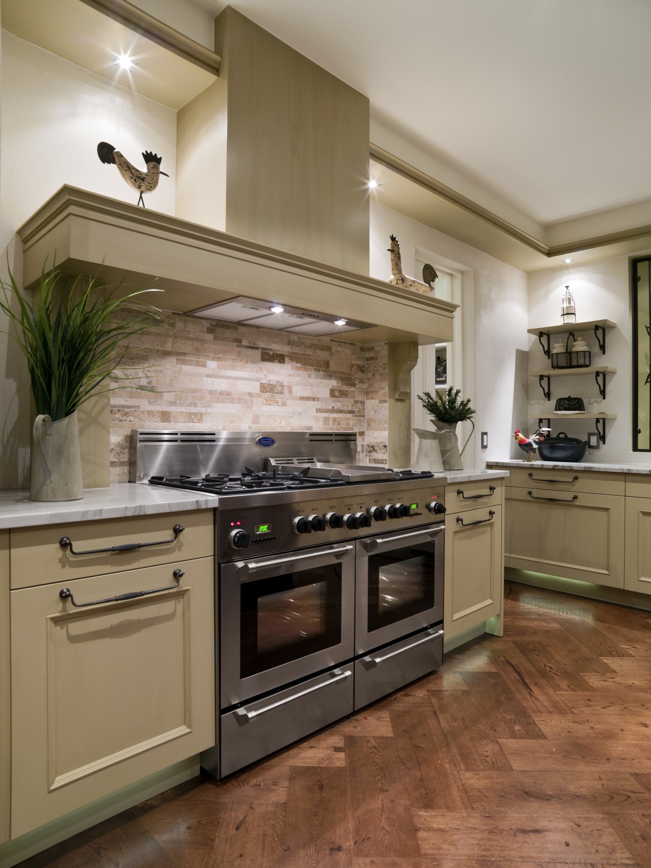 A view of some kitchen appliances from De'Longhi. cabinetry, countertop, cuisine classique, floor, flooring, hardwood, home appliance, interior design, kitchen, kitchen appliance, kitchen stove, major appliance, oven, room, wood flooring, brown, gray