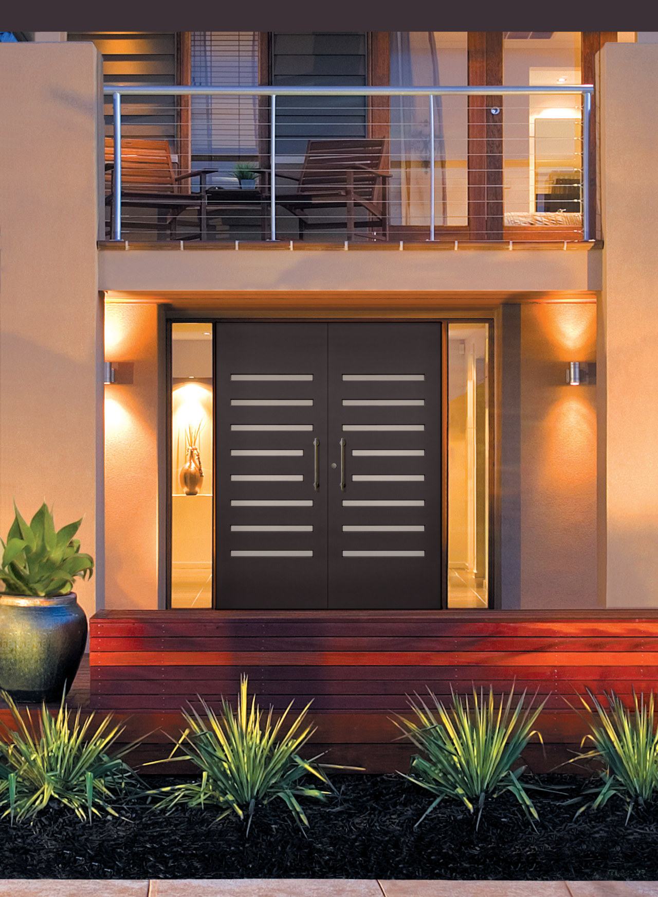 To create a grand entrance fo this contemporary door, facade, home, house, property, real estate, window, black, orange