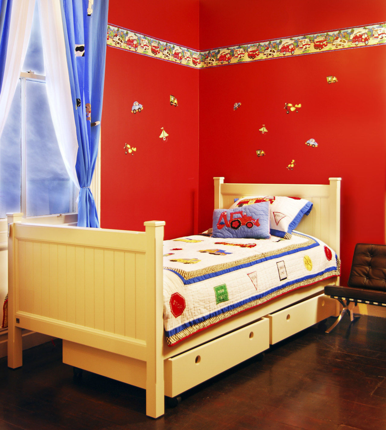 A view of these childrens room fitted wiuth bed, bed frame, bed sheet, bedroom, furniture, interior design, product, room, wall, wood, red