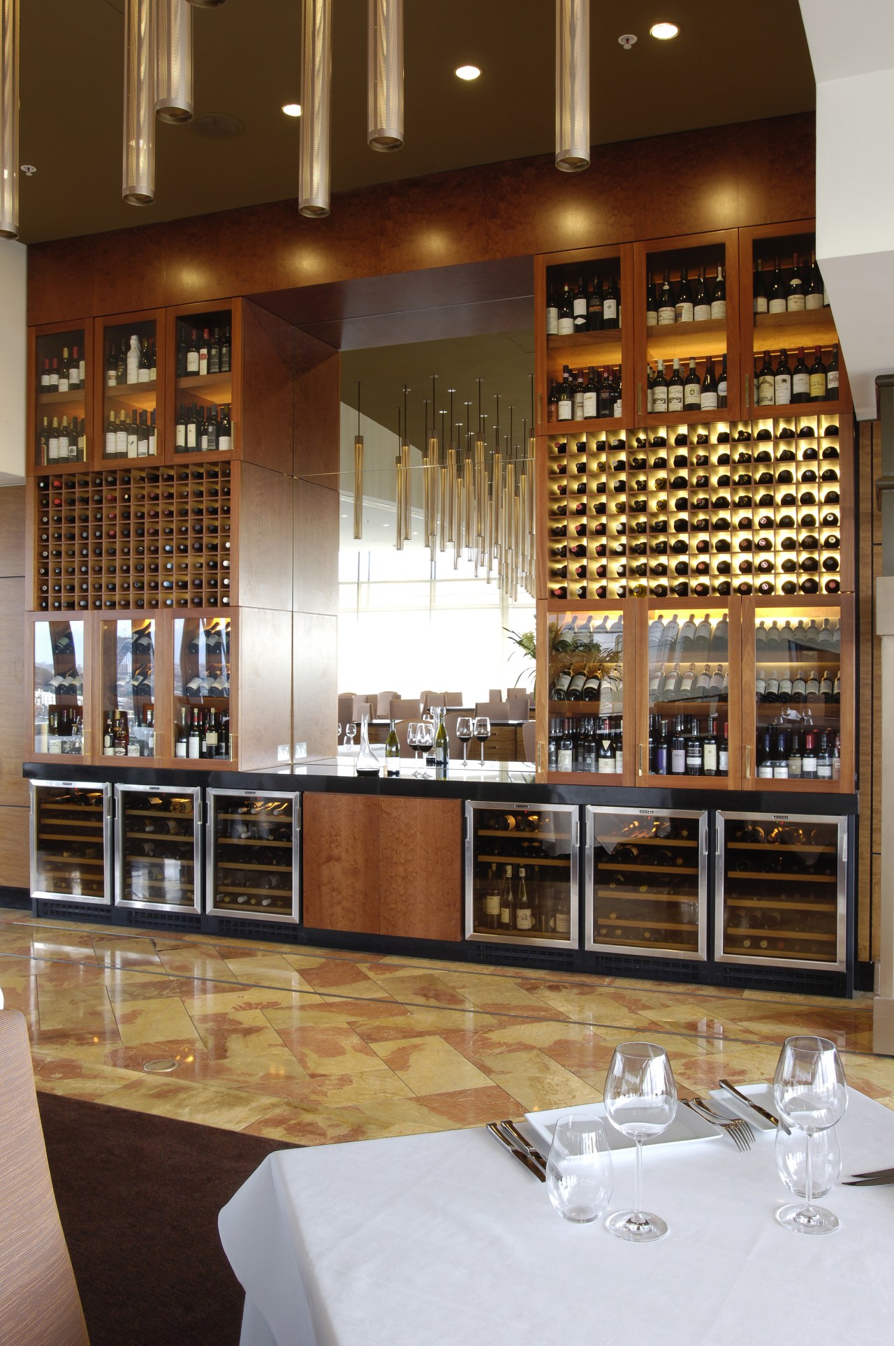 Vintec wine cabinets enhance the professional ambience of café, countertop, interior design, kitchen, liquor store, restaurant, wine cellar, winery, brown