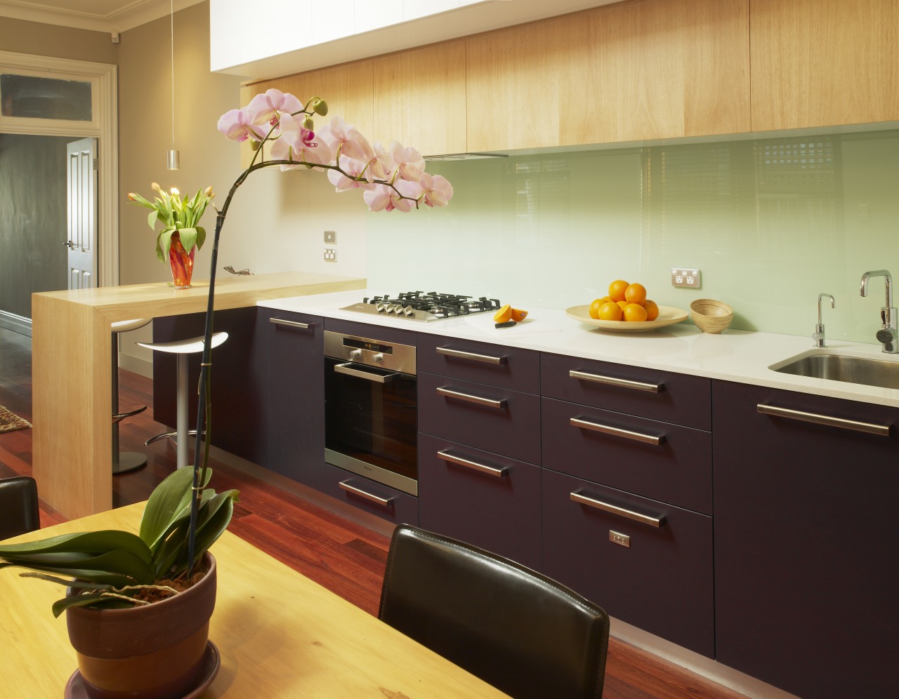 A view of the kitchen, Stone Benchtop, Stainless cabinetry, countertop, cuisine classique, interior design, kitchen, room, orange, red