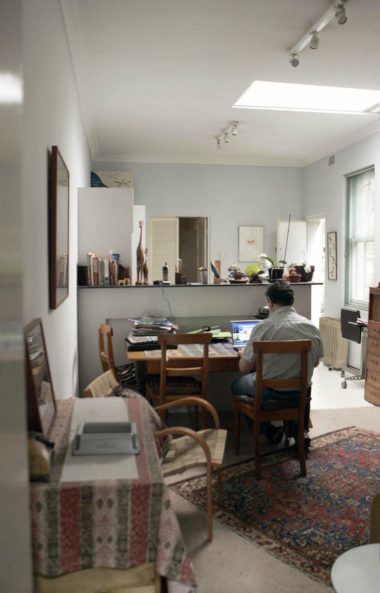 View of kitchen and dining area prior to furniture, home, house, interior design, living room, room, table, gray