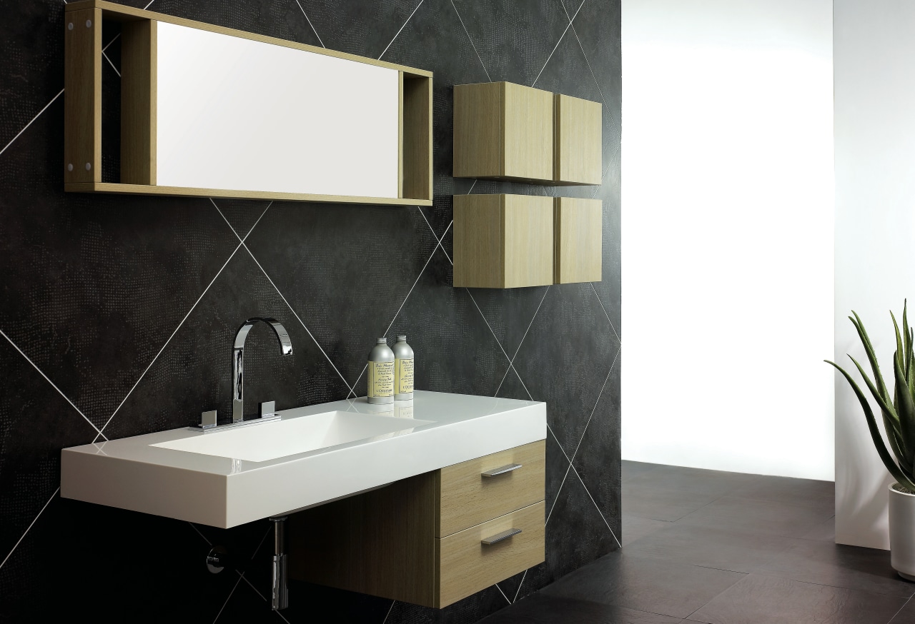 A view of a vanity from Tonusa. angle, bathroom, bathroom accessory, bathroom cabinet, floor, furniture, interior design, product, product design, sink, tap, tile, wall, black, white