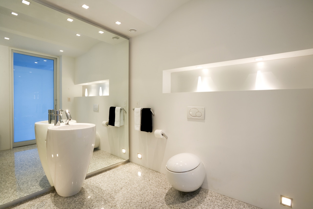 A niche shelving alcove cut into false wall, bathroom, floor, home, interior design, plumbing fixture, product design, property, real estate, room, sink, gray