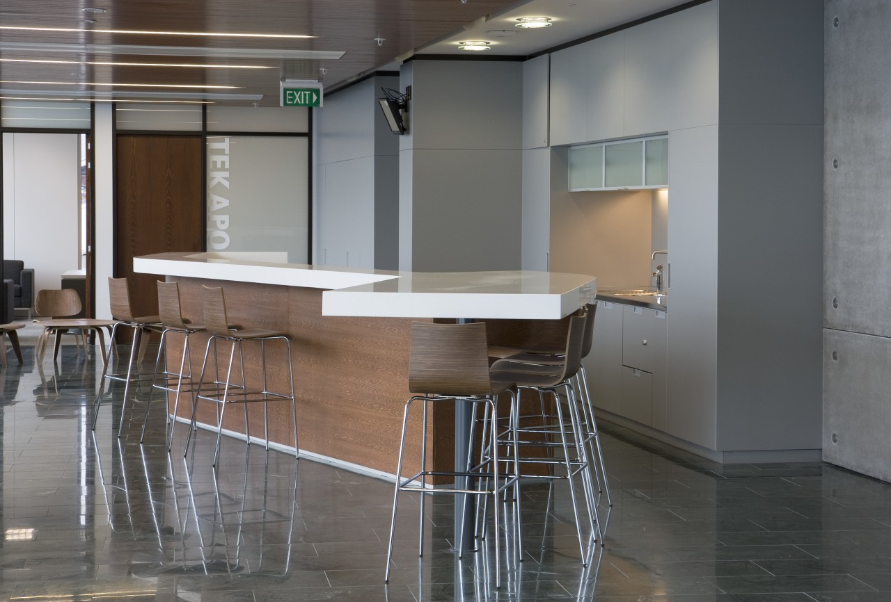 Enviromentally sustainable products in Meridian Energy's new Wellington architecture, floor, flooring, furniture, glass, interior design, table, gray