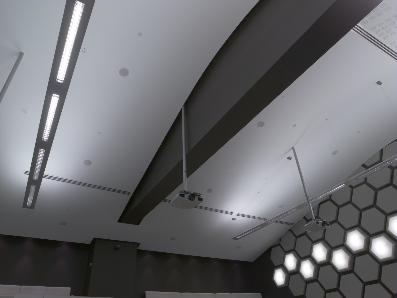 A view of the UBS offices that were architecture, beam, ceiling, daylighting, daytime, light, lighting, line, structure, gray, black