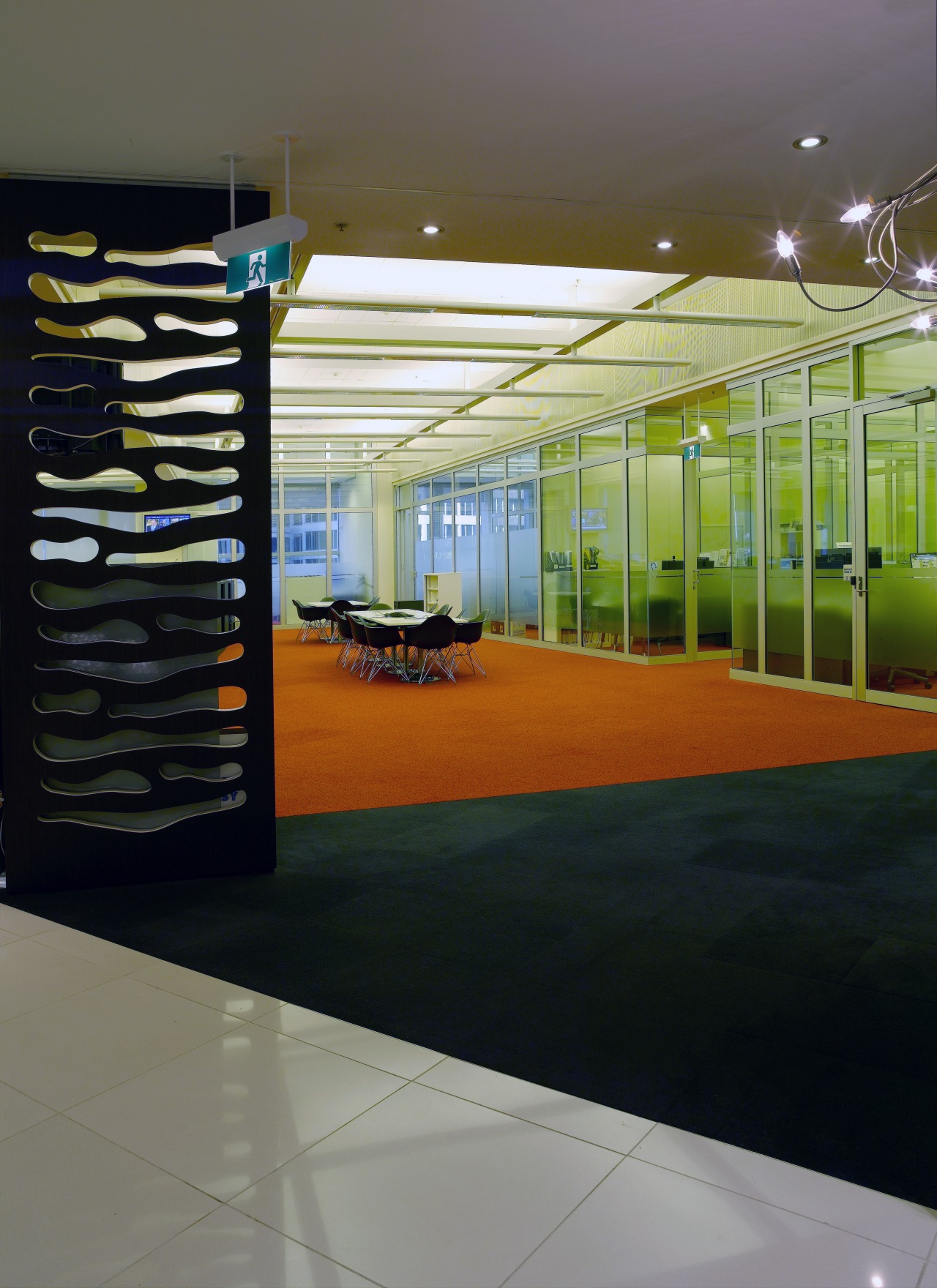 A view of the timber/tile and carpet flooring architecture, interior design, structure, gray, black