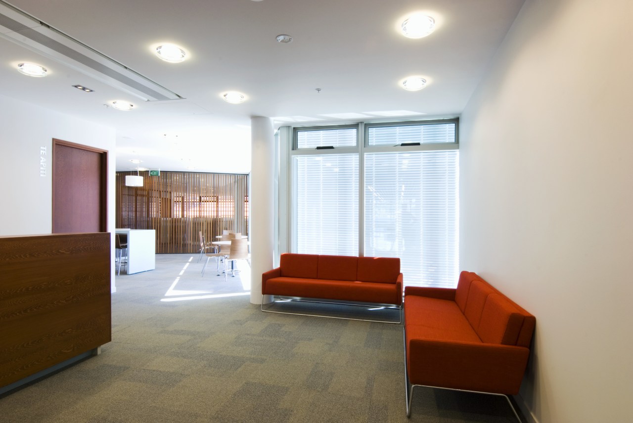 Resene's Enviromental Choice approved paints were used throughtout ceiling, interior design, lobby, office, real estate, gray, white