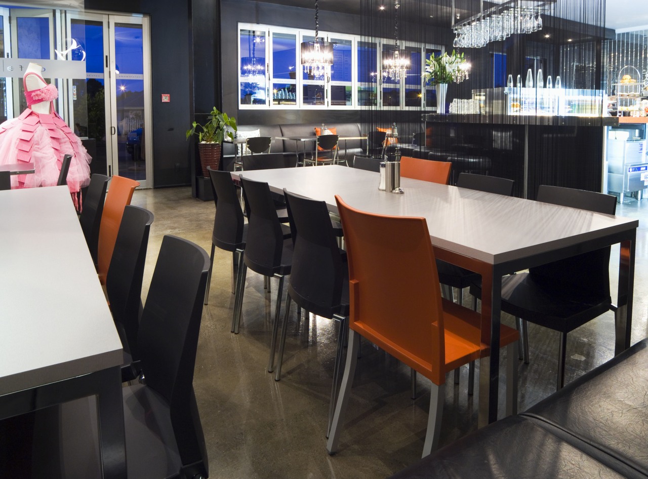 Cafe Tables Orange and grey chairs and tables chair, furniture, interior design, restaurant, table, black
