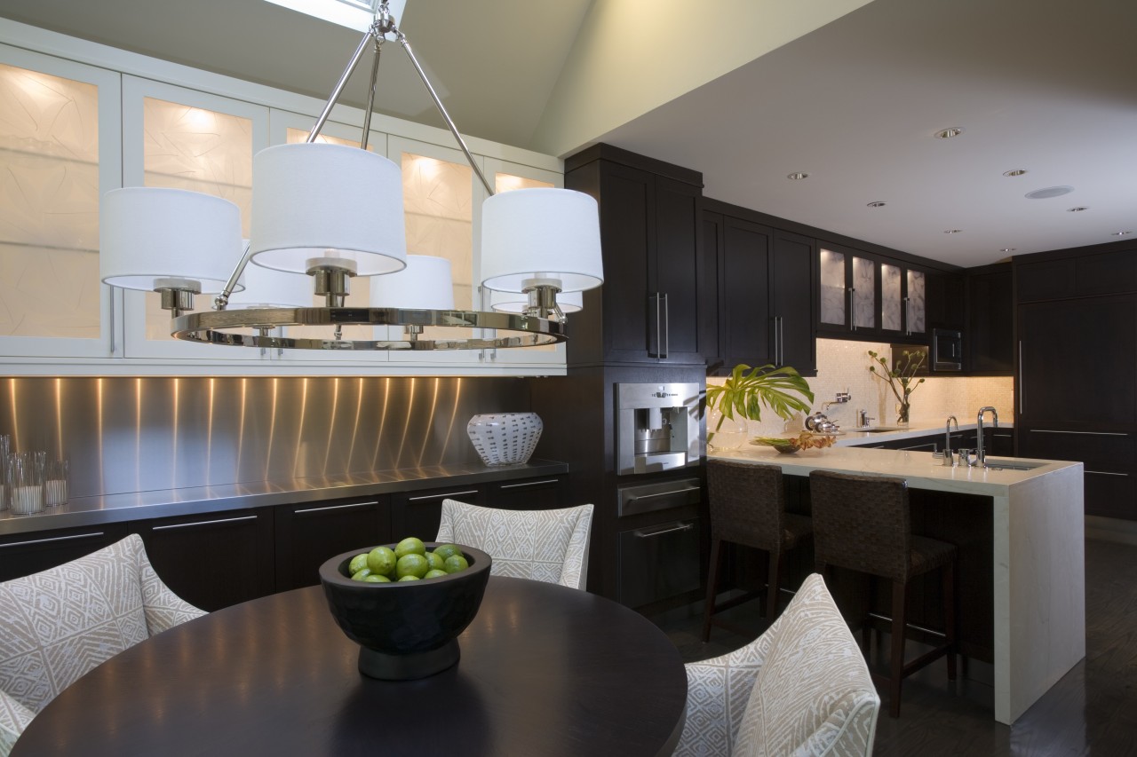 View of a renovated kitchen and dining area architecture, ceiling, countertop, interior design, interior designer, kitchen, living room, gray, black