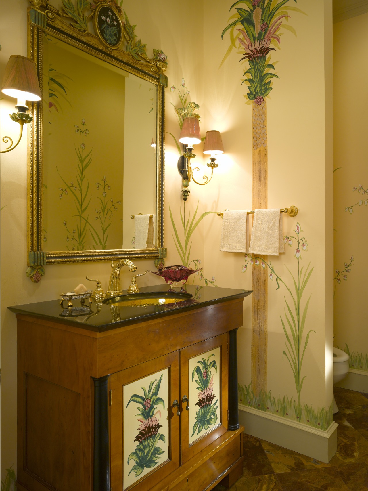 Hand-painted botanical drawings on the walls enliven the bathroom, furniture, home, interior design, room, wall, brown, orange