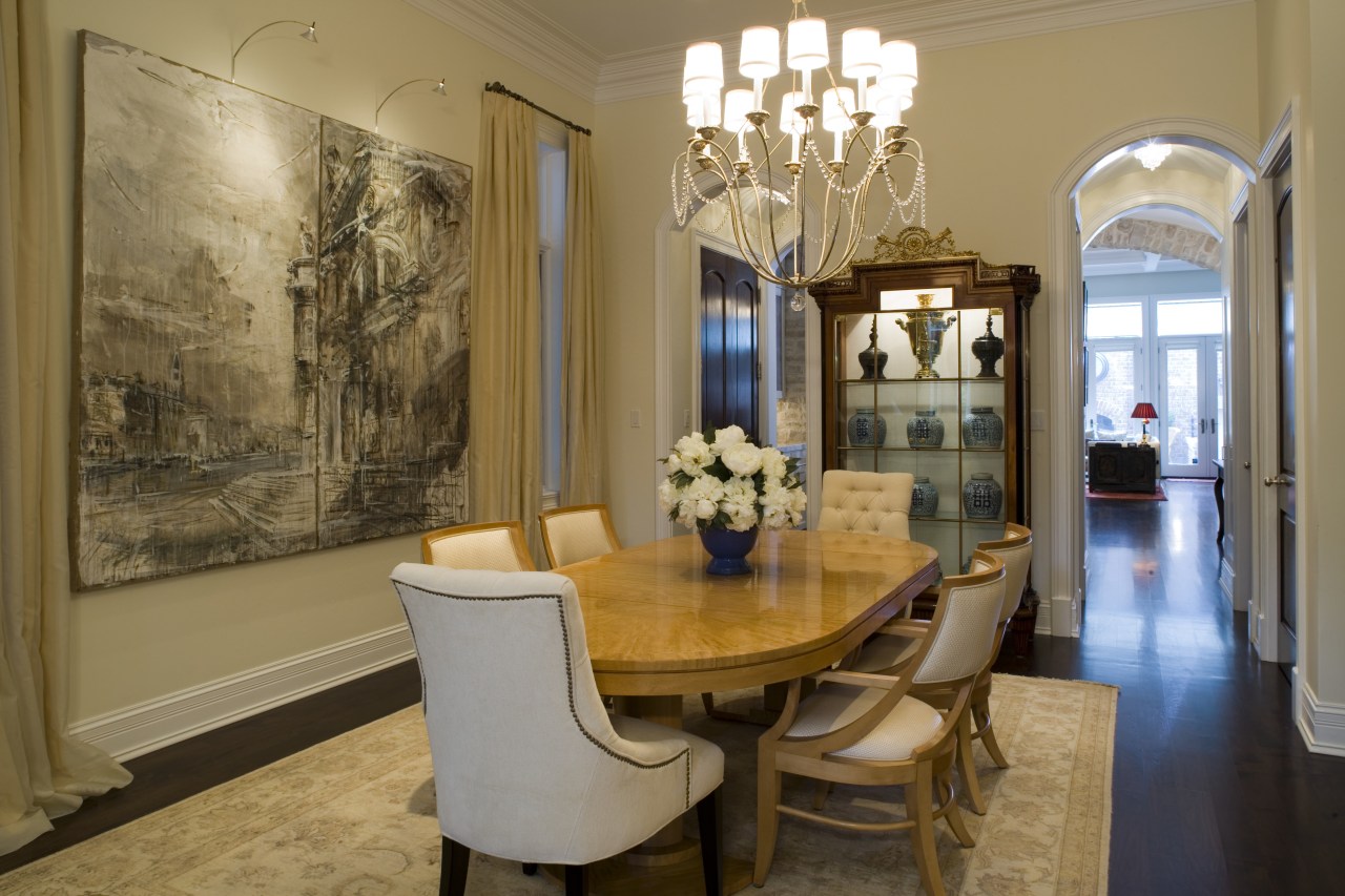 view of dining room featuring a chandelier, dining ceiling, dining room, estate, home, interior design, living room, property, real estate, room, table, brown