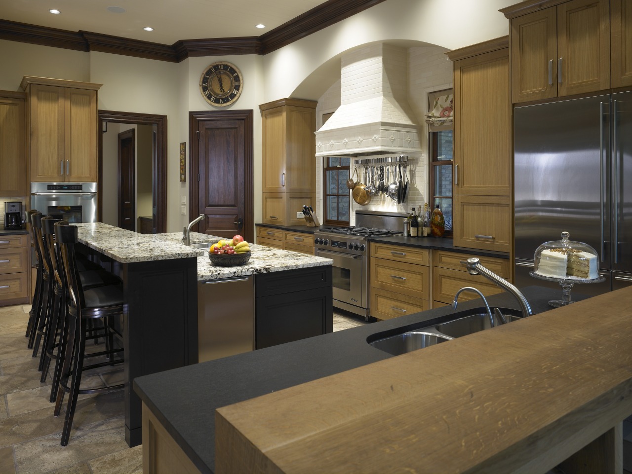 view of family kitchen which was designed by cabinetry, countertop, cuisine classique, flooring, interior design, kitchen, room, brown, black