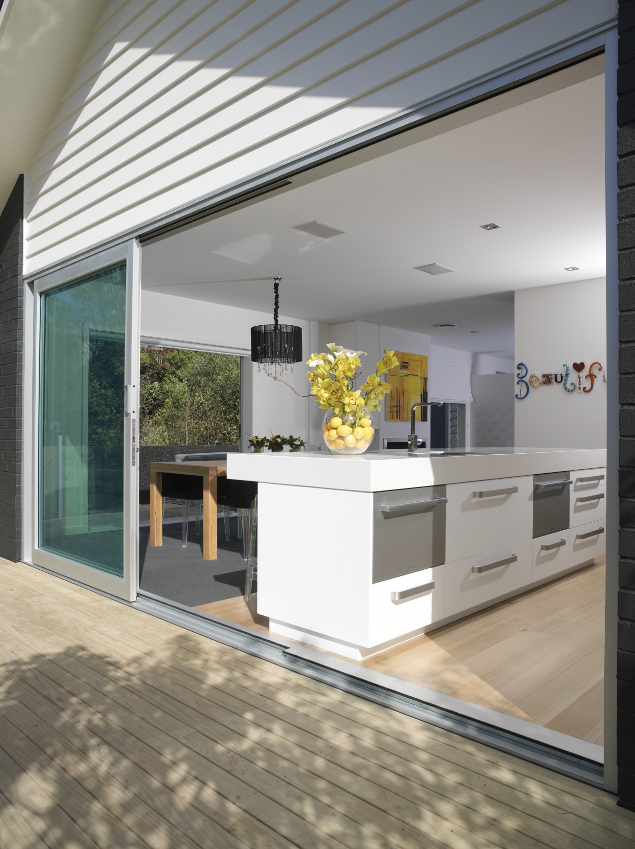 A view of some door and window joinery architecture, countertop, daylighting, floor, house, interior design, kitchen, real estate, window, gray, white