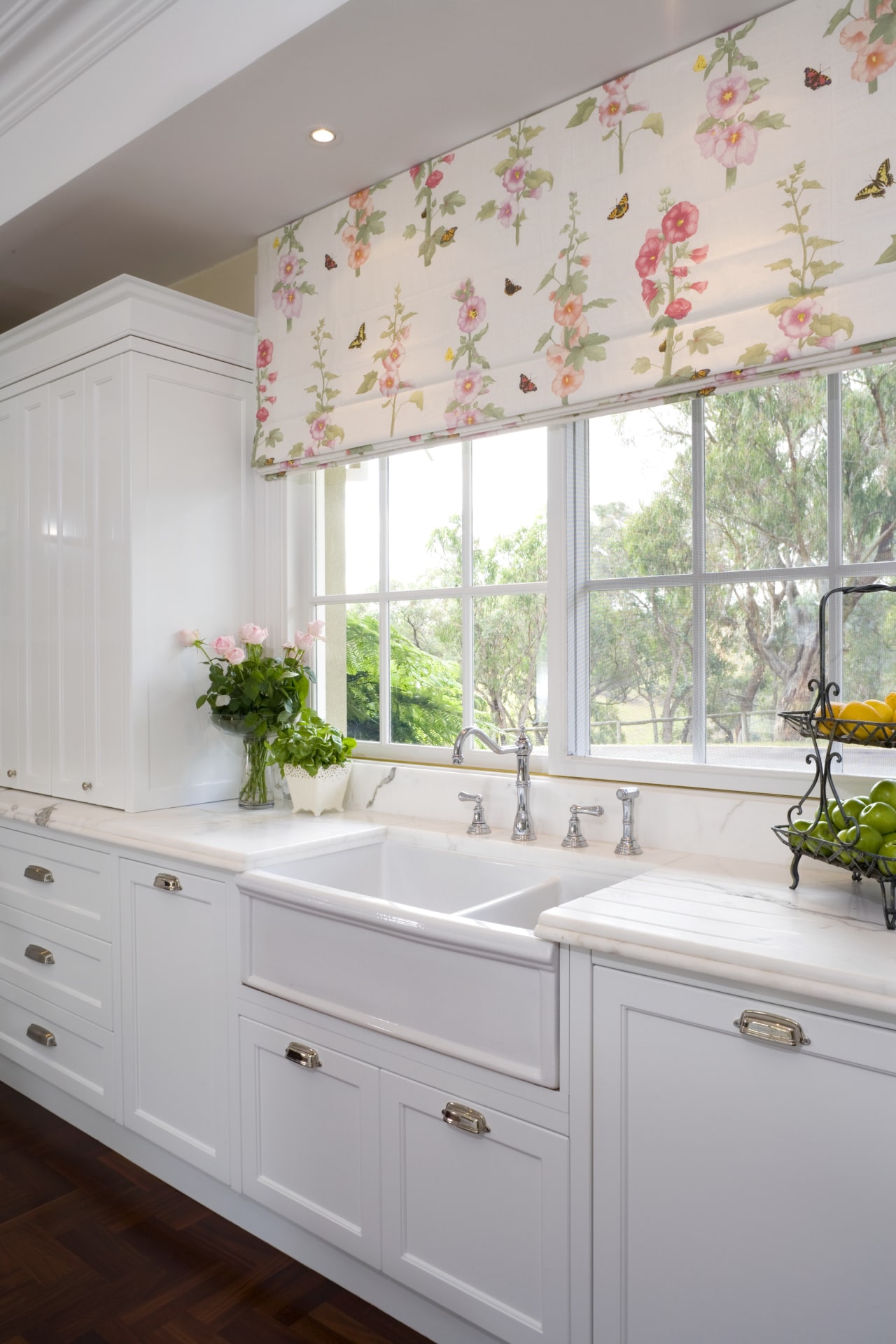 View of kitchen designed by architect Gary McFarlane bathroom, cabinetry, countertop, curtain, home, interior design, kitchen, room, sink, wall, window, window covering, window treatment, gray