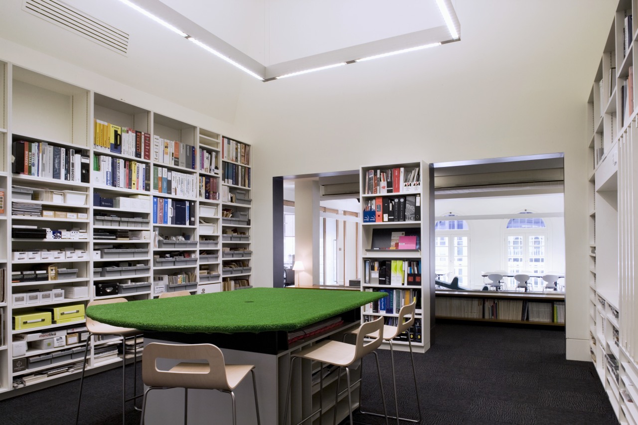 Interior view of offices featuring frosted glass doors, institution, interior design, gray