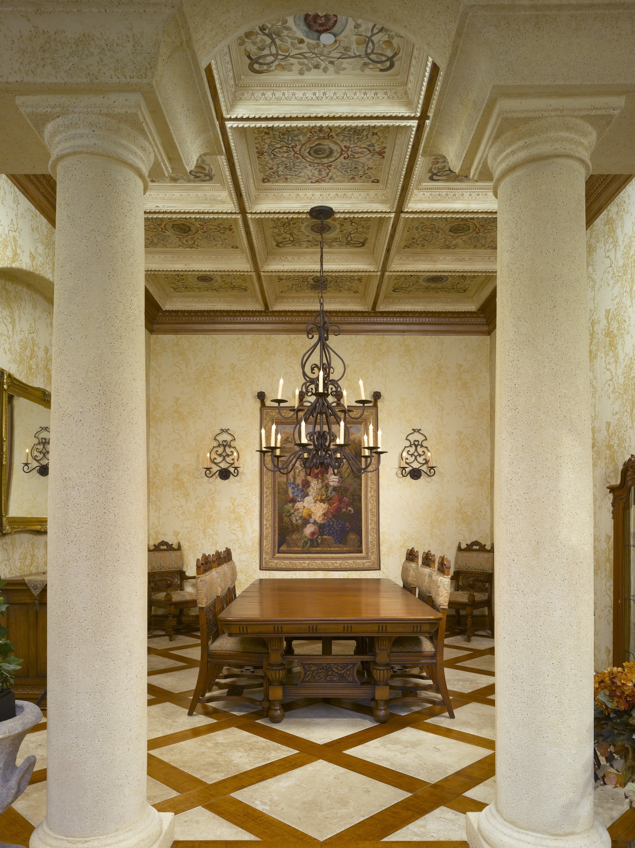 View of dinning area, mouldings, cieling art, lights, ceiling, chapel, column, estate, furniture, interior design, structure, brown, orange