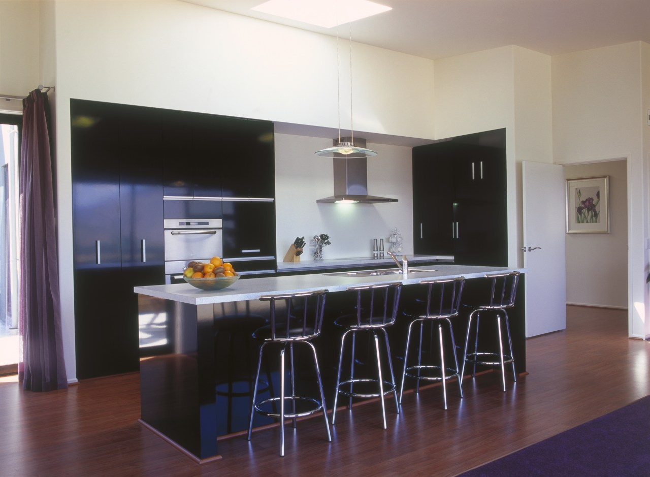 View of kitchen cabinets built by Joinery Specialists. cabinetry, countertop, dining room, floor, flooring, hardwood, interior design, kitchen, real estate, room, table, wood flooring, gray, black