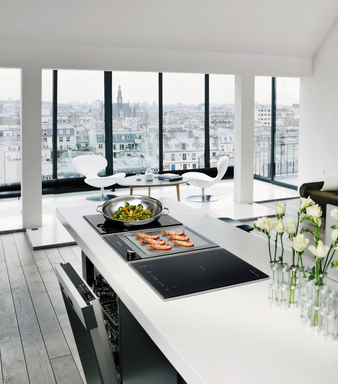 View of kitchen appliances by De Dietrich. furniture, interior design, product design, table, white, gray
