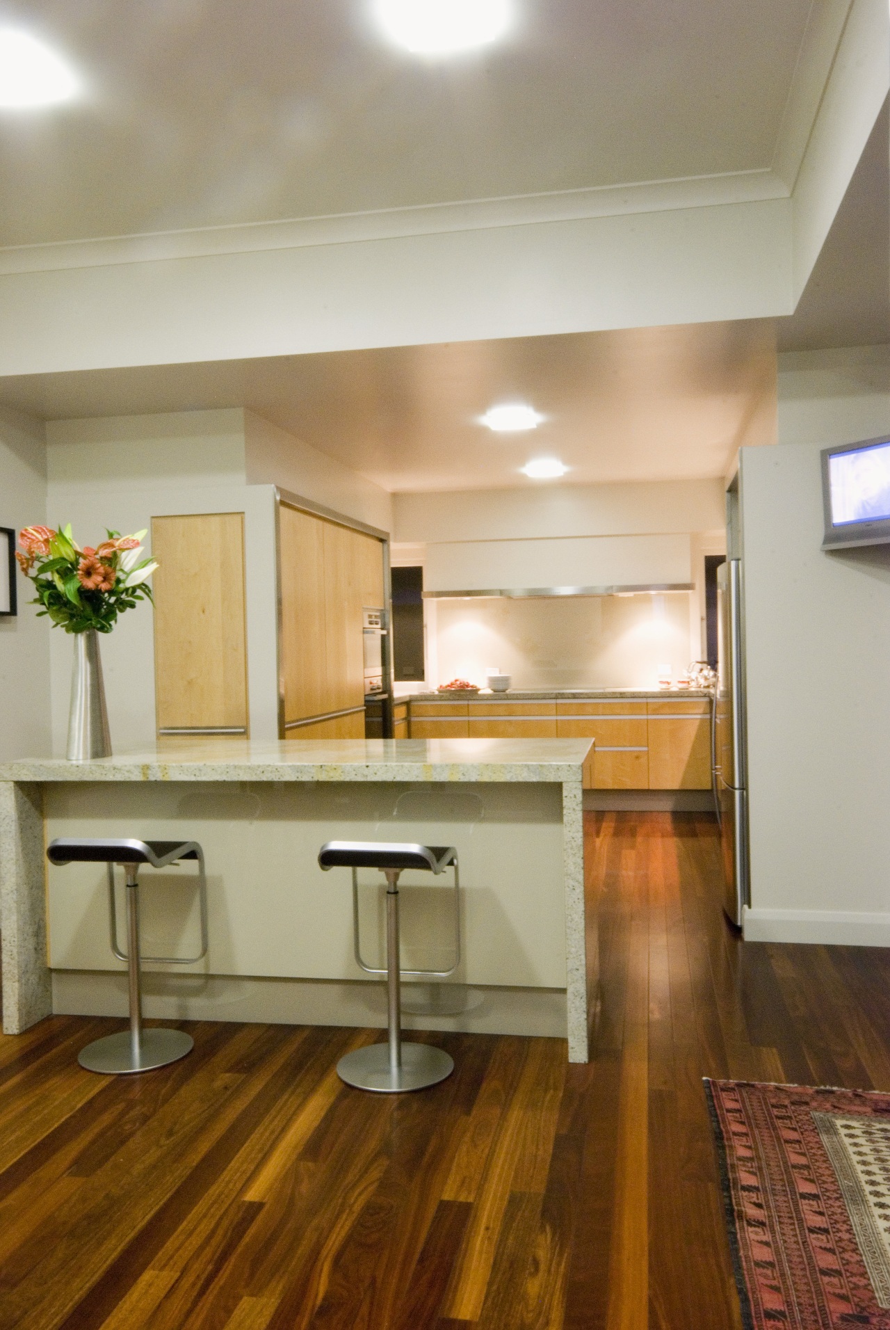 View of kitchen designed by D Stevens Ltd, architecture, cabinetry, ceiling, countertop, daylighting, floor, flooring, furniture, hardwood, home, interior design, kitchen, laminate flooring, lighting, living room, real estate, room, table, wall, wood, wood flooring, brown, gray