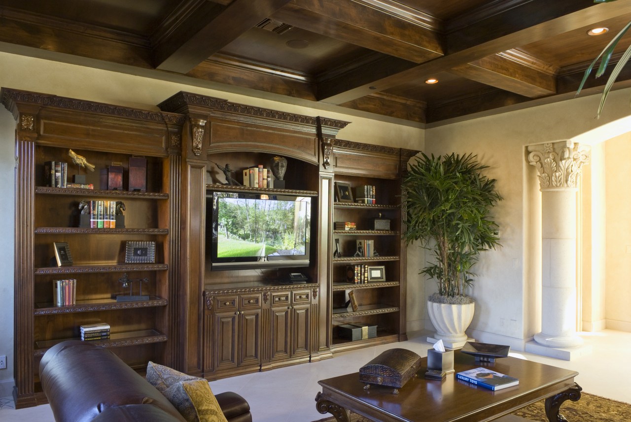 View of custom cabinetry by JMR Cabinets cabinetry, ceiling, interior design, living room, wood, brown