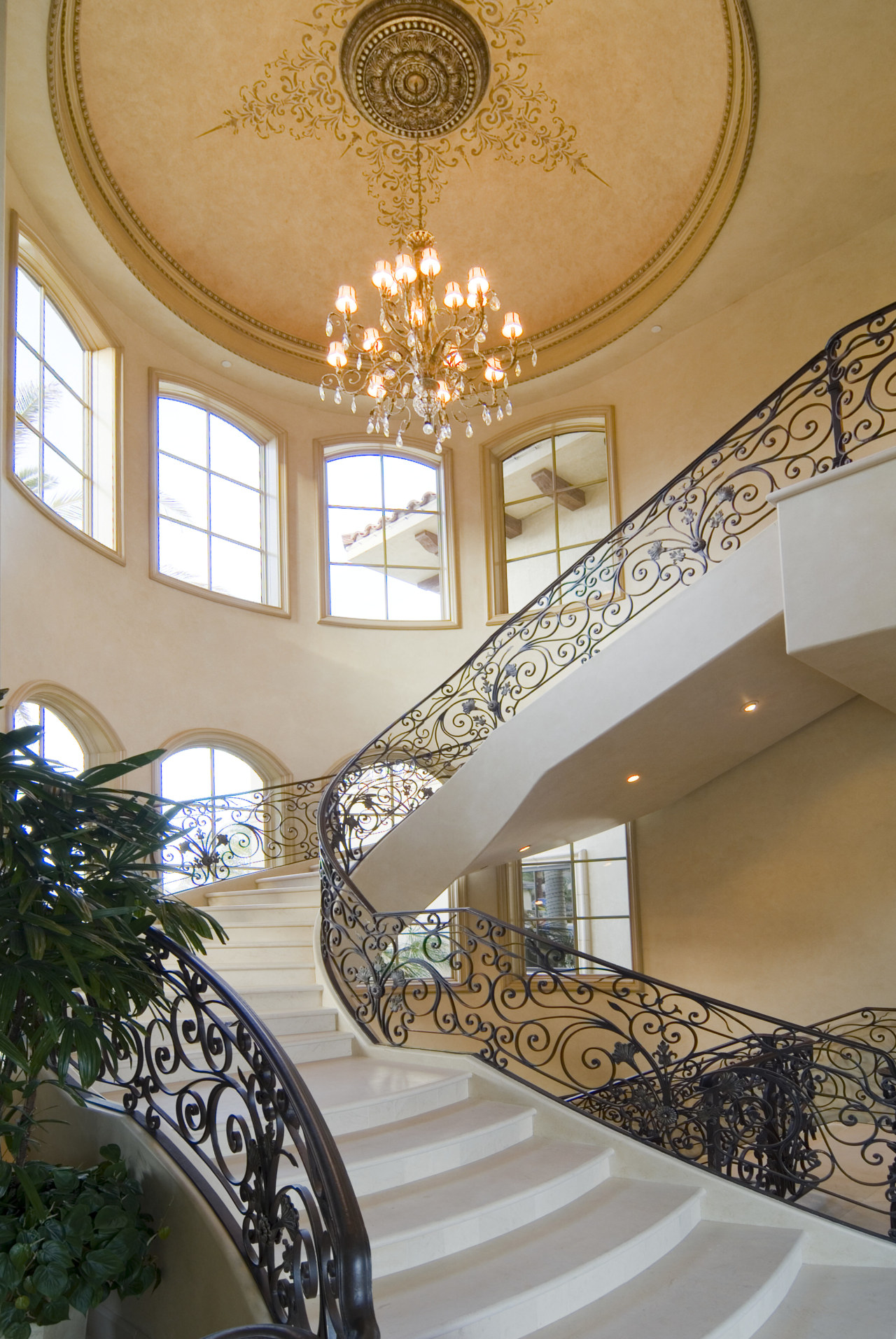 View of stone floor by Walker Zanger, and architecture, baluster, ceiling, daylighting, estate, handrail, home, interior design, lobby, stairs, wall, window, orange, gray