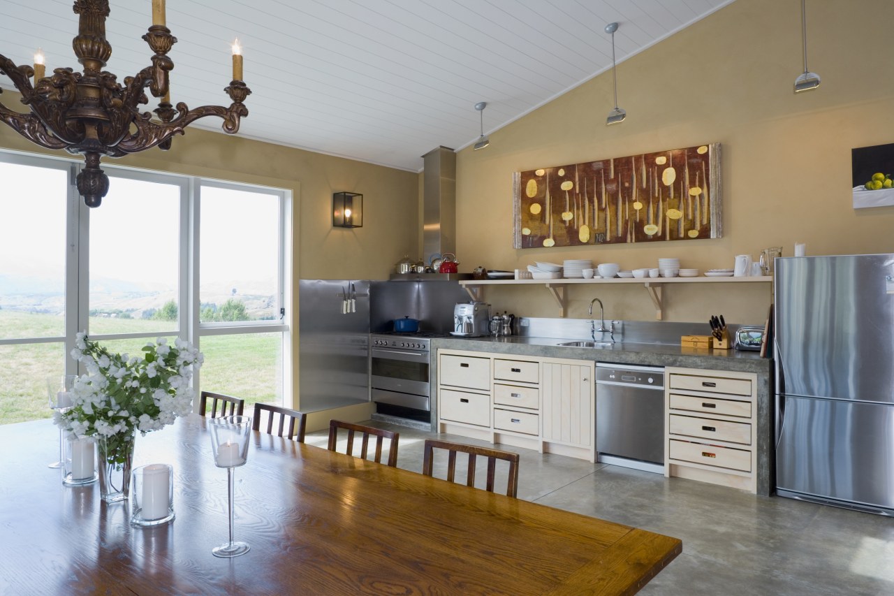 View of kitchen, doors and windows, tiling, lights, countertop, cuisine classique, floor, flooring, hardwood, interior design, kitchen, real estate, room, gray, brown