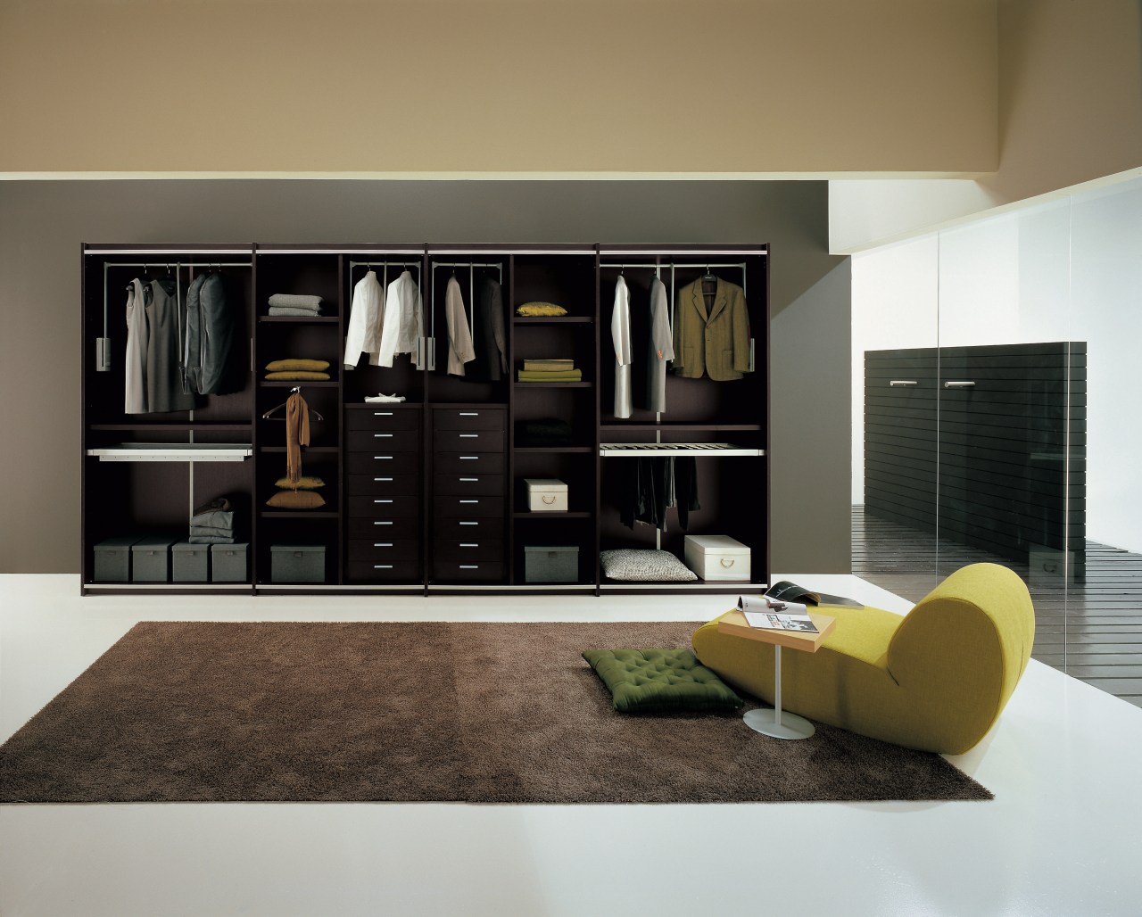 View of wardrobe system Prestige Designs. bookcase, furniture, interior design, living room, product design, room, shelf, shelving, black