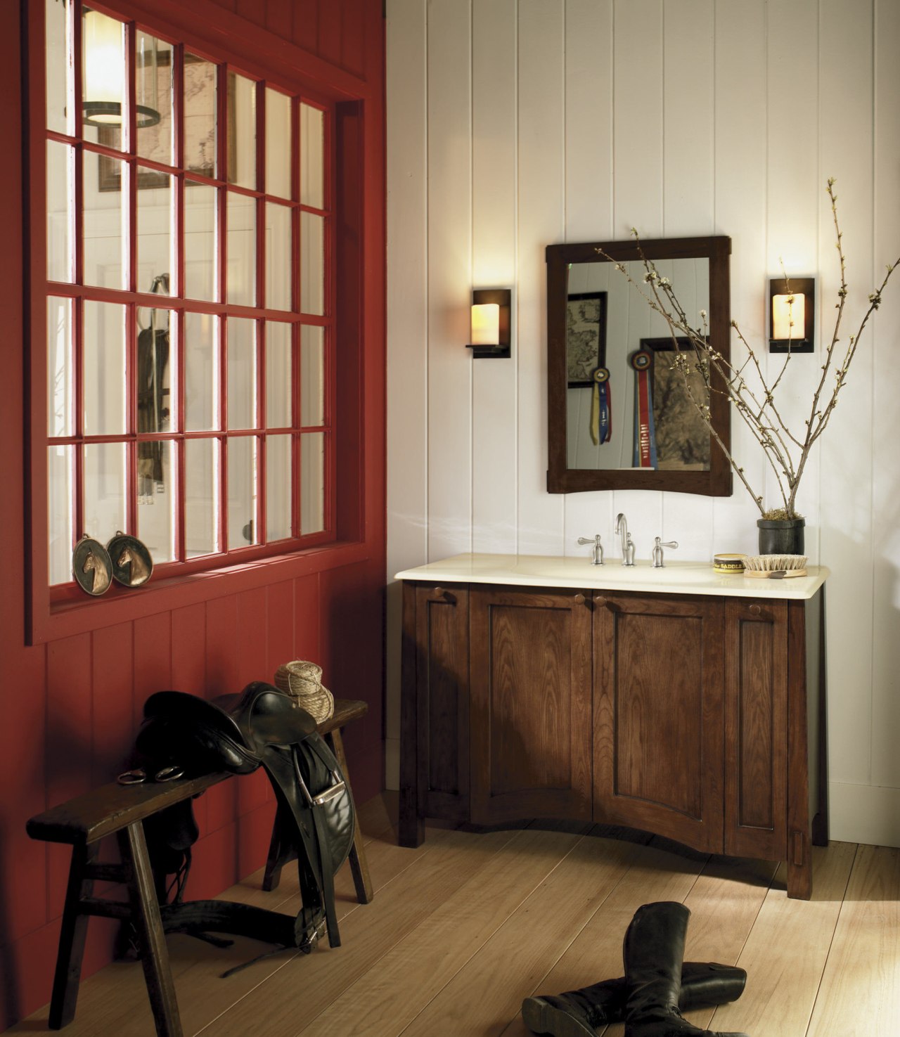 View of Kohler bathroomware. cabinetry, floor, flooring, furniture, interior design, room, table, window, wood, orange, brown, red