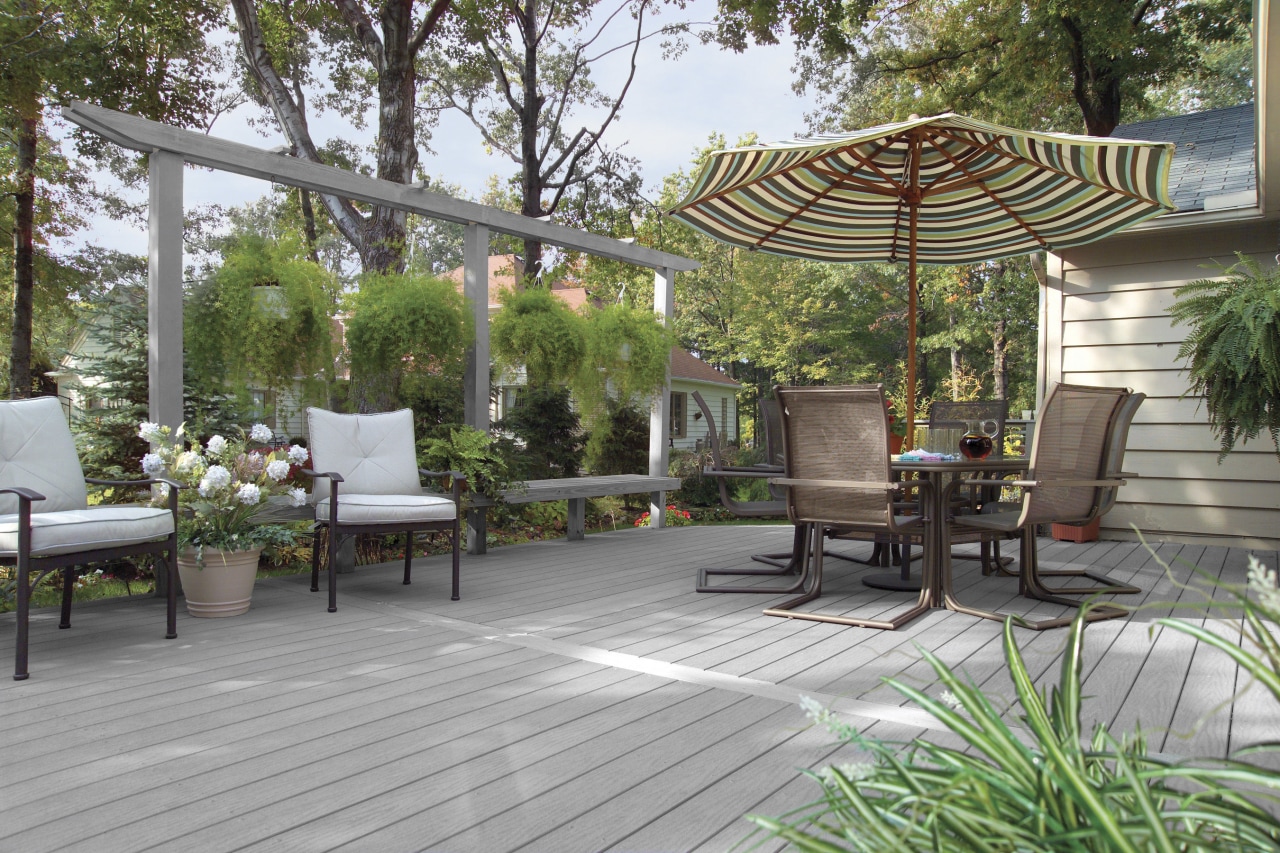 View of products from WeatherBest Decking &amp; Railing. backyard, canopy, deck, garden, outdoor furniture, outdoor structure, patio, pergola, real estate, walkway, yard, gray