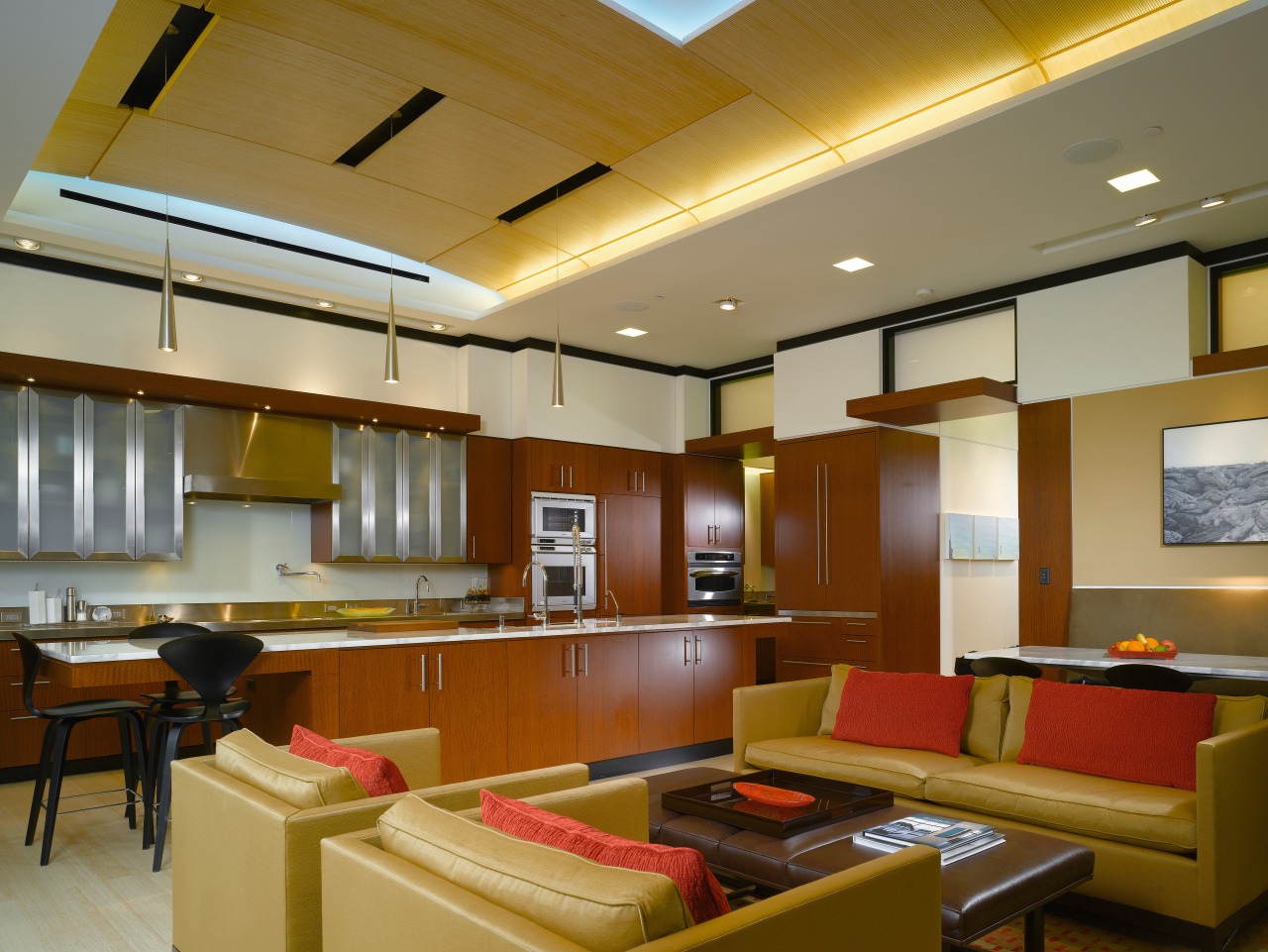 view of kitchen from family area featuring, lighting, ceiling, interior design, lobby, brown