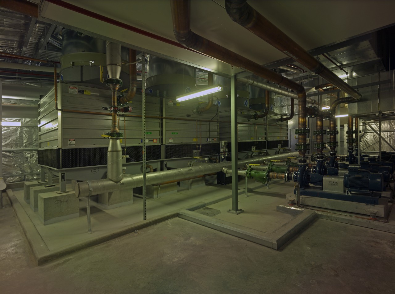 View of air conditioning unit from George Floth factory, glass, industry, brown