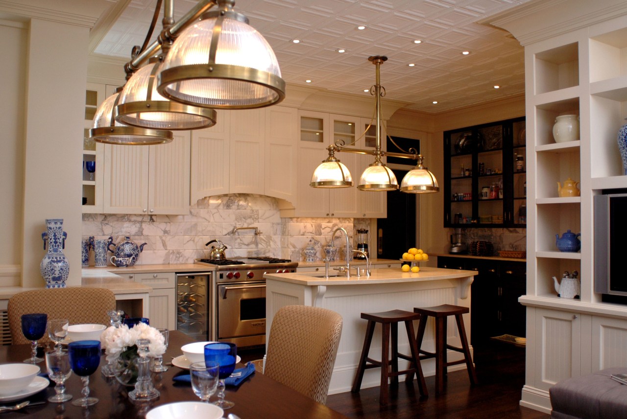 view of kitchen with dining area in foreground, ceiling, countertop, dining room, home, interior design, kitchen, room, brown, gray