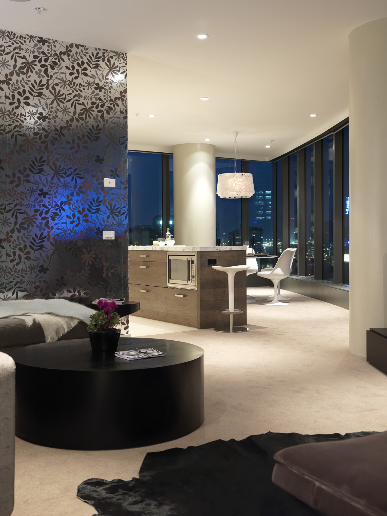 view of apartment's living area, kitchen and dining ceiling, floor, interior design, living room, lobby, room, table, wall, orange, black