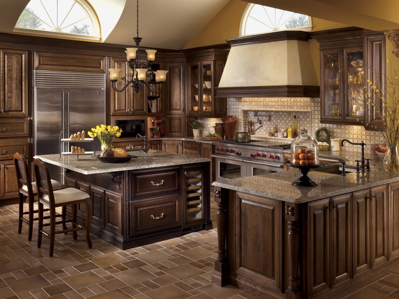 view of kitchen featuring tiled floor, wooden cabinetry, cabinetry, countertop, cuisine classique, flooring, hardwood, interior design, kitchen, room, wood flooring, brown