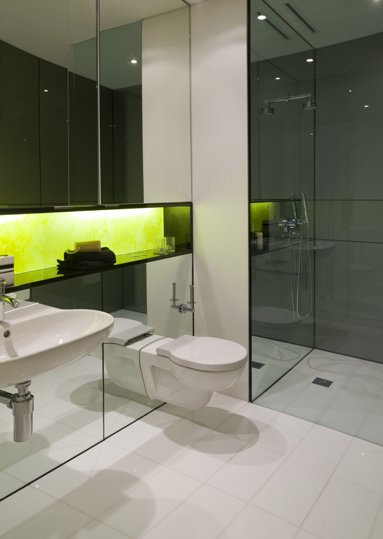 Contemporary bathroom bathroom, floor, flooring, glass, interior design, plumbing fixture, product design, room, sink, tile, wall, gray