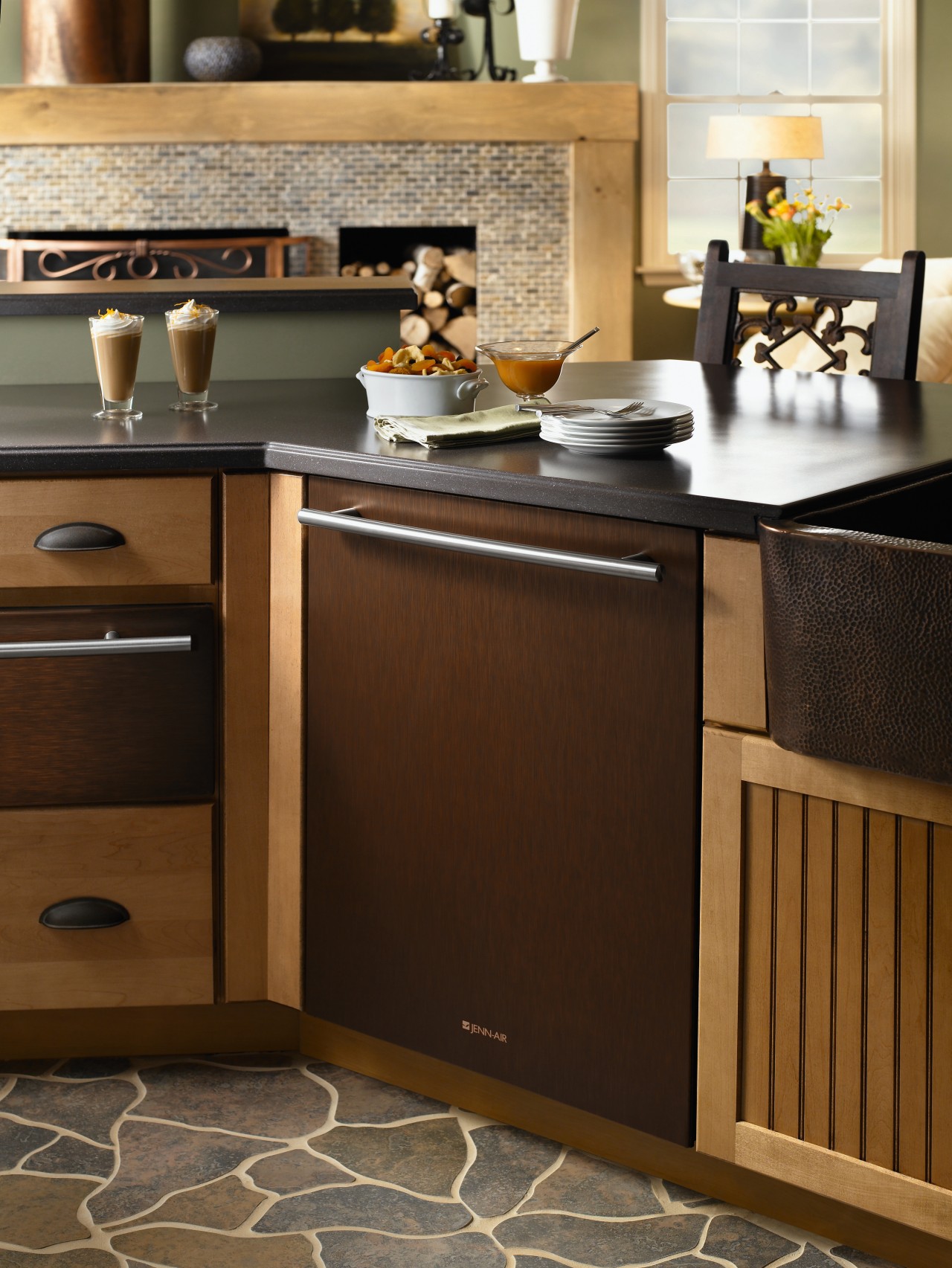 Bronze bench top contemporary kitchen cabinetry, chest of drawers, countertop, cuisine classique, drawer, floor, flooring, furniture, hardwood, home appliance, interior design, kitchen, kitchen appliance, kitchen stove, major appliance, sideboard, table, tile, wood, wood flooring, wood stain, brown