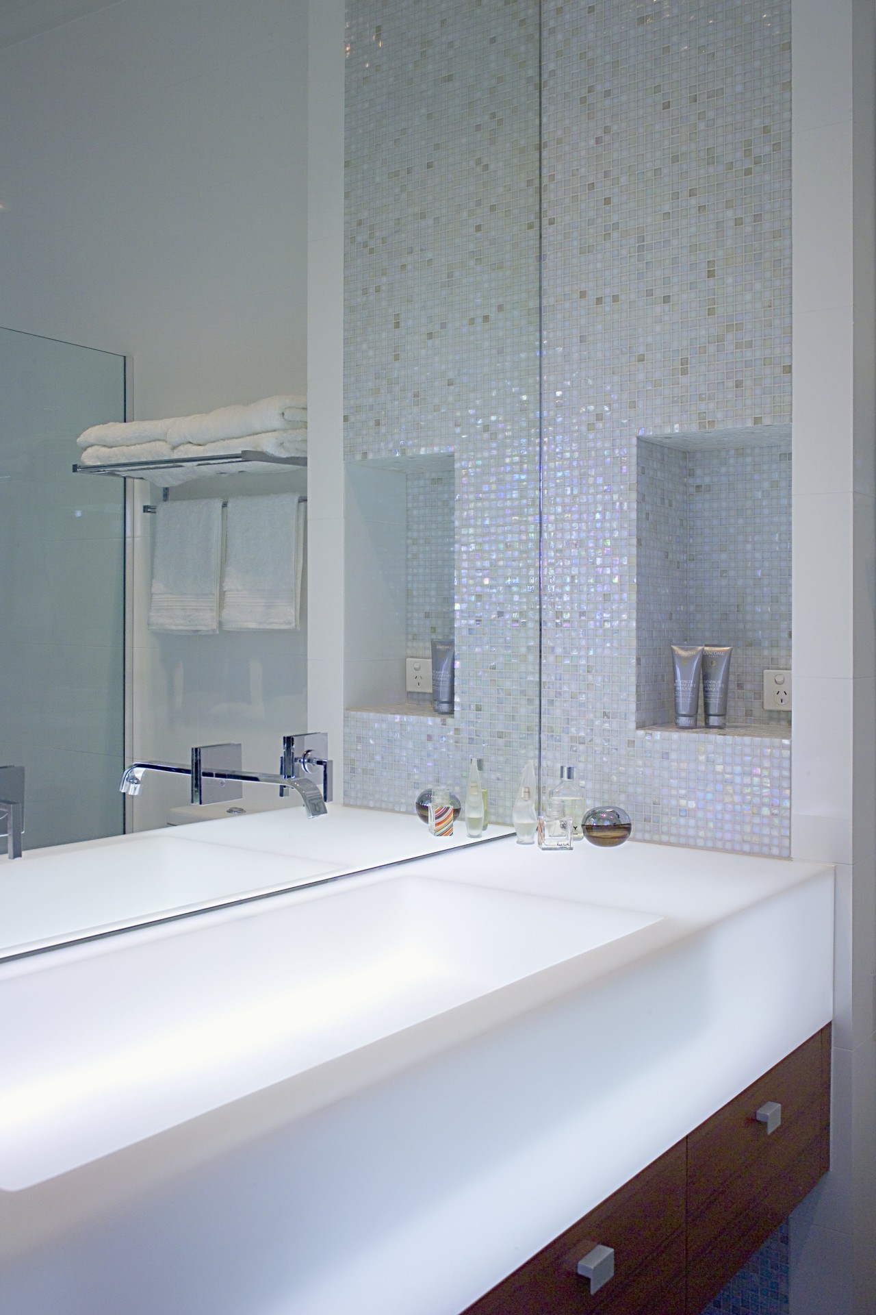 Interior view of ensuite featuring custom Marblo vanity. architecture, bathroom, bathroom accessory, ceiling, daylighting, floor, glass, home, house, interior design, room, sink, tap, tile, wall, window, gray