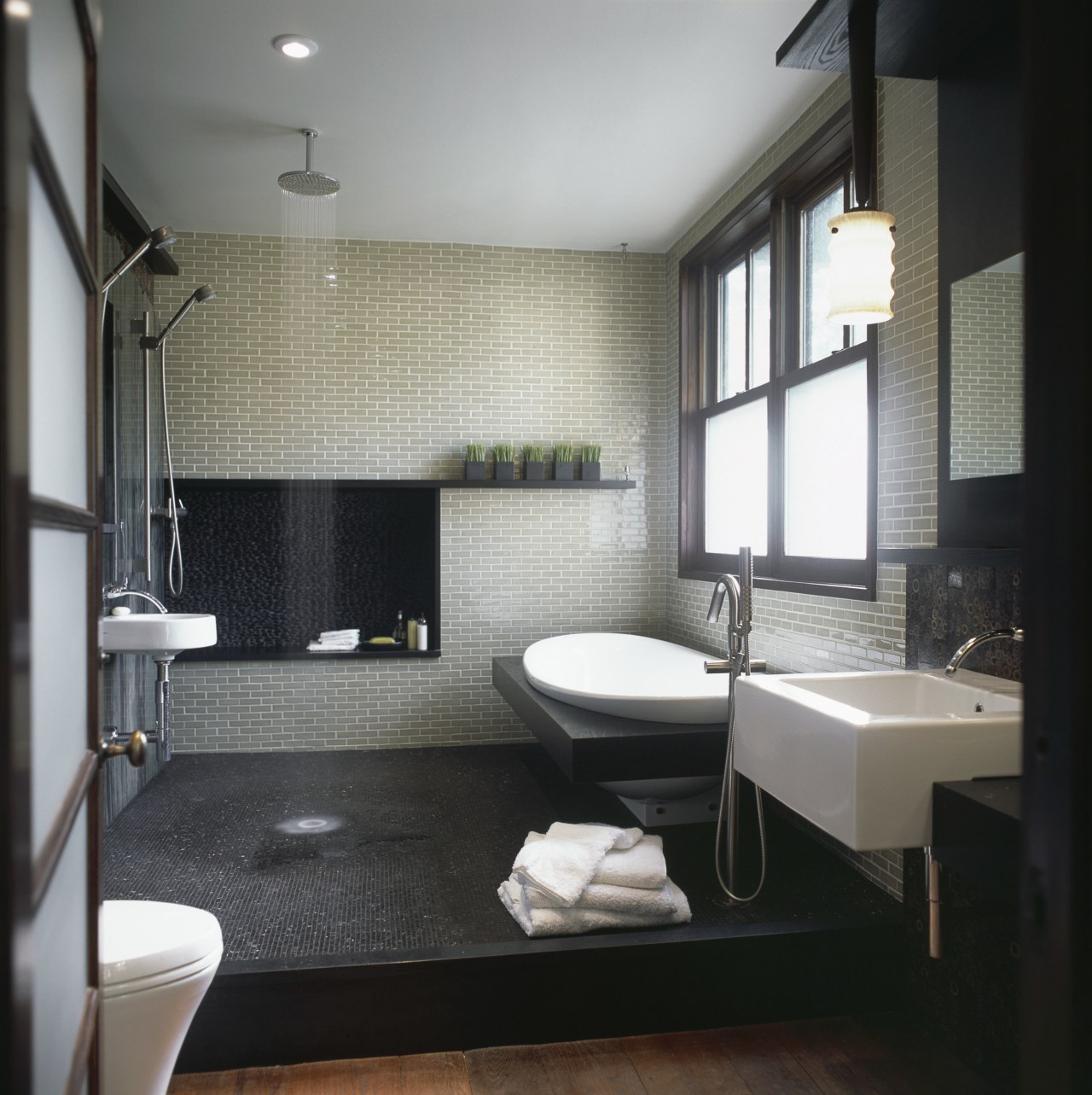 Natural hues and materials create an outdoor mood architecture, bathroom, floor, interior design, room, sink, gray, black