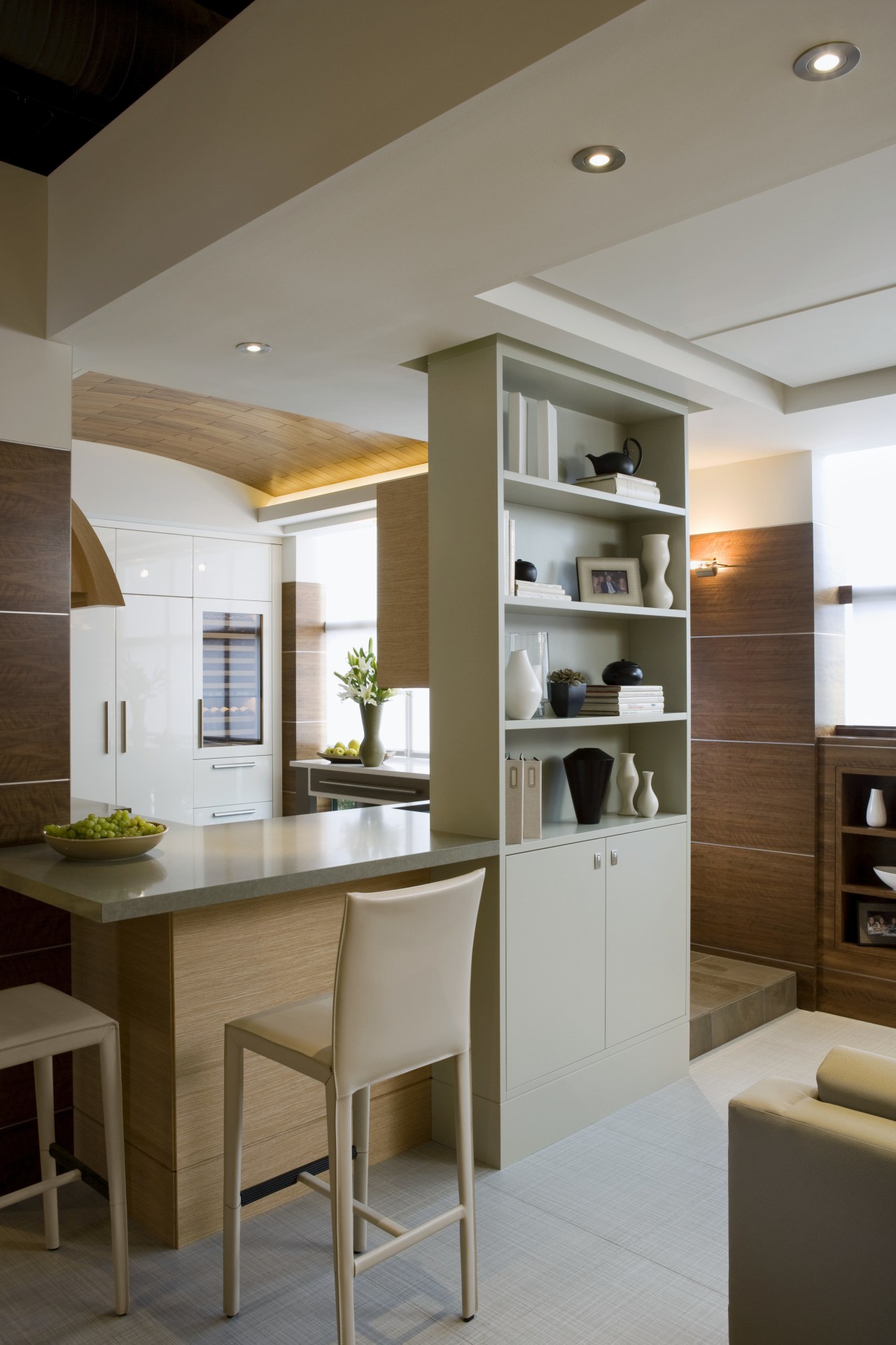 View of a kitchen designed and built by cabinetry, ceiling, countertop, cuisine classique, furniture, interior design, kitchen, room, table, gray, brown