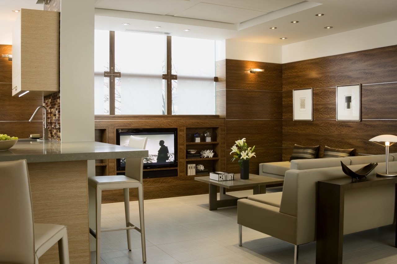 View of a kitchen designed and built by dining room, flooring, furniture, interior design, living room, lobby, room, brown, gray