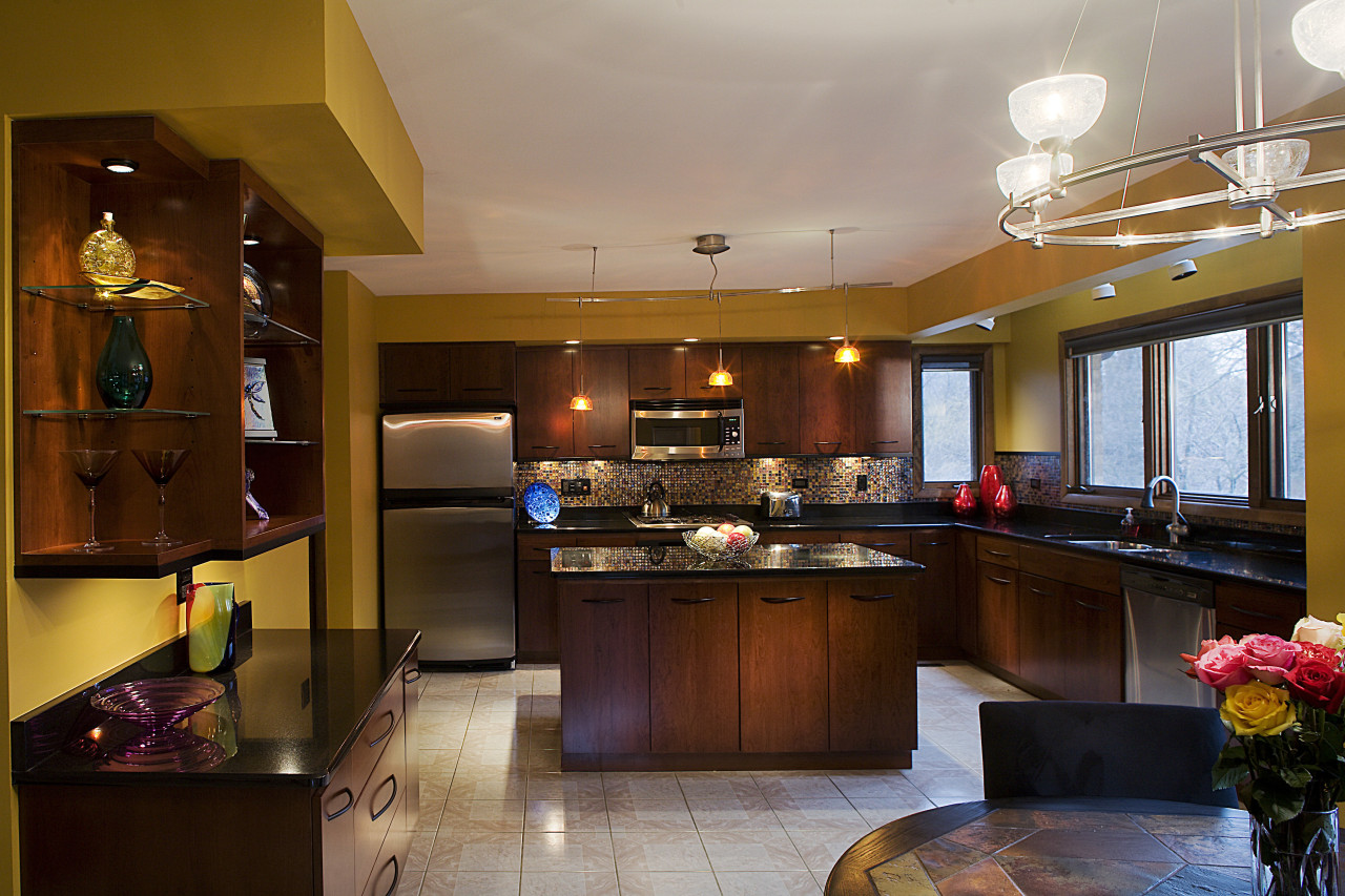 Cabintery Kitchen with black granite countertops, with glass cabinetry, ceiling, countertop, cuisine classique, home, interior design, kitchen, real estate, room, brown, red