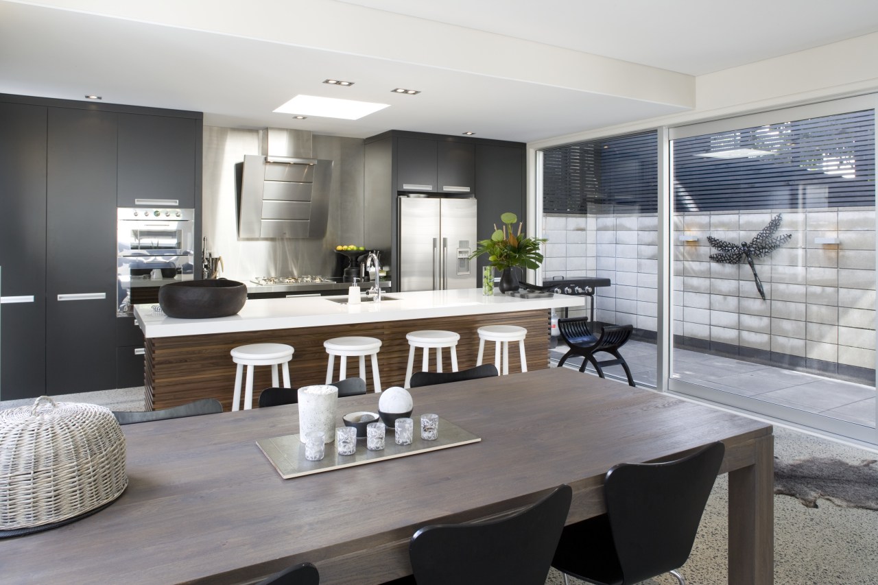 view of home kitchen and dining area designed dining room, interior design, table, gray, white