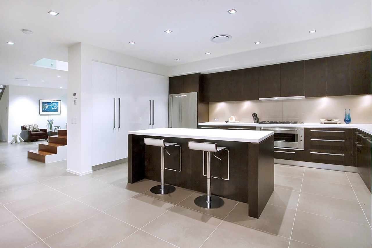 Open plan kitchen view, with island bench top, countertop, cuisine classique, floor, flooring, interior design, kitchen, property, real estate, room, white, gray