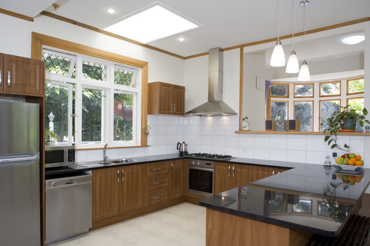 Contemporary kitchen with granite from Black Galaxy and cabinetry, countertop, cuisine classique, interior design, kitchen, real estate, room, gray