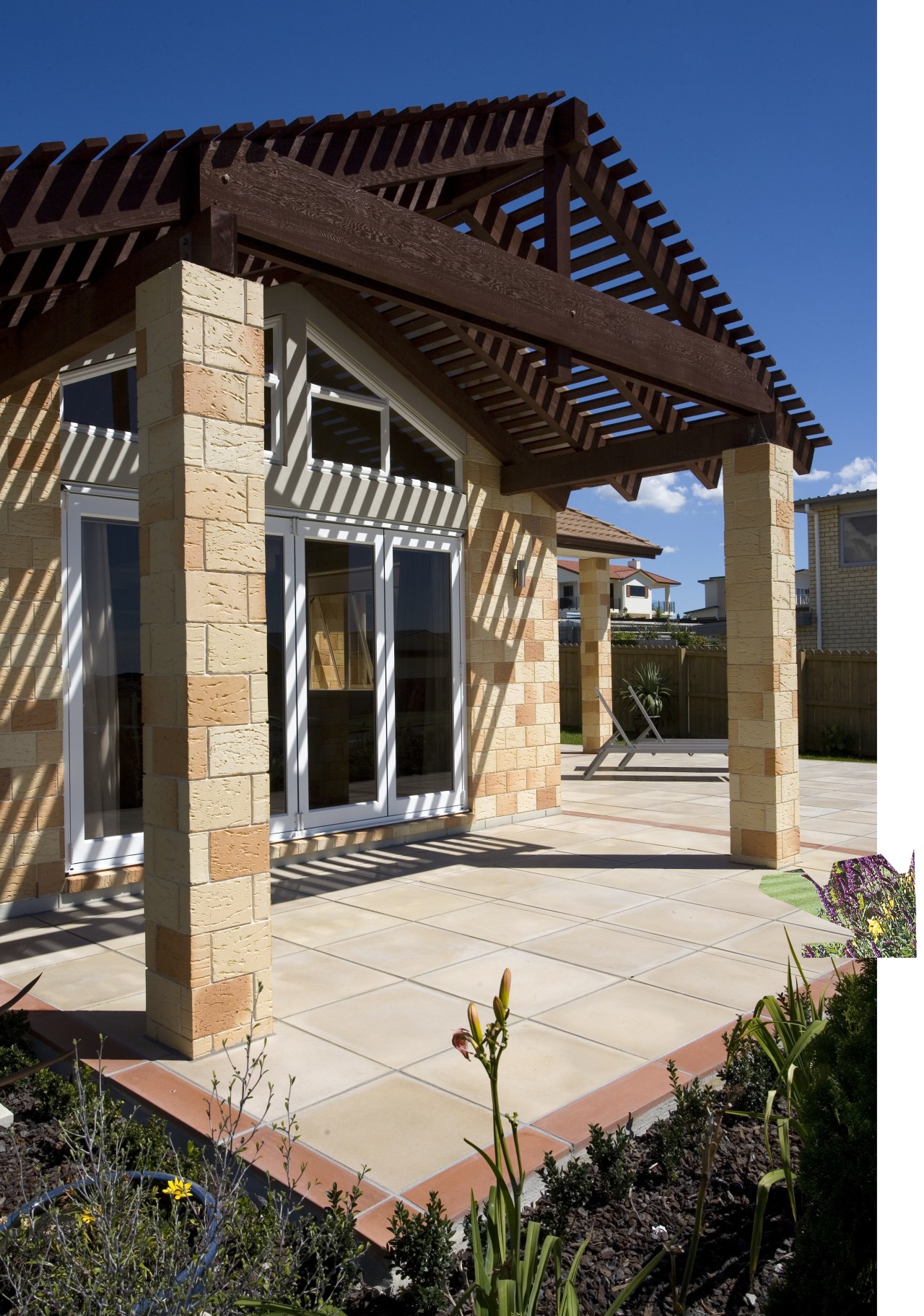 Exterior view of contemporary house with living room outdoor structure, pergola, porch, real estate, structure, black