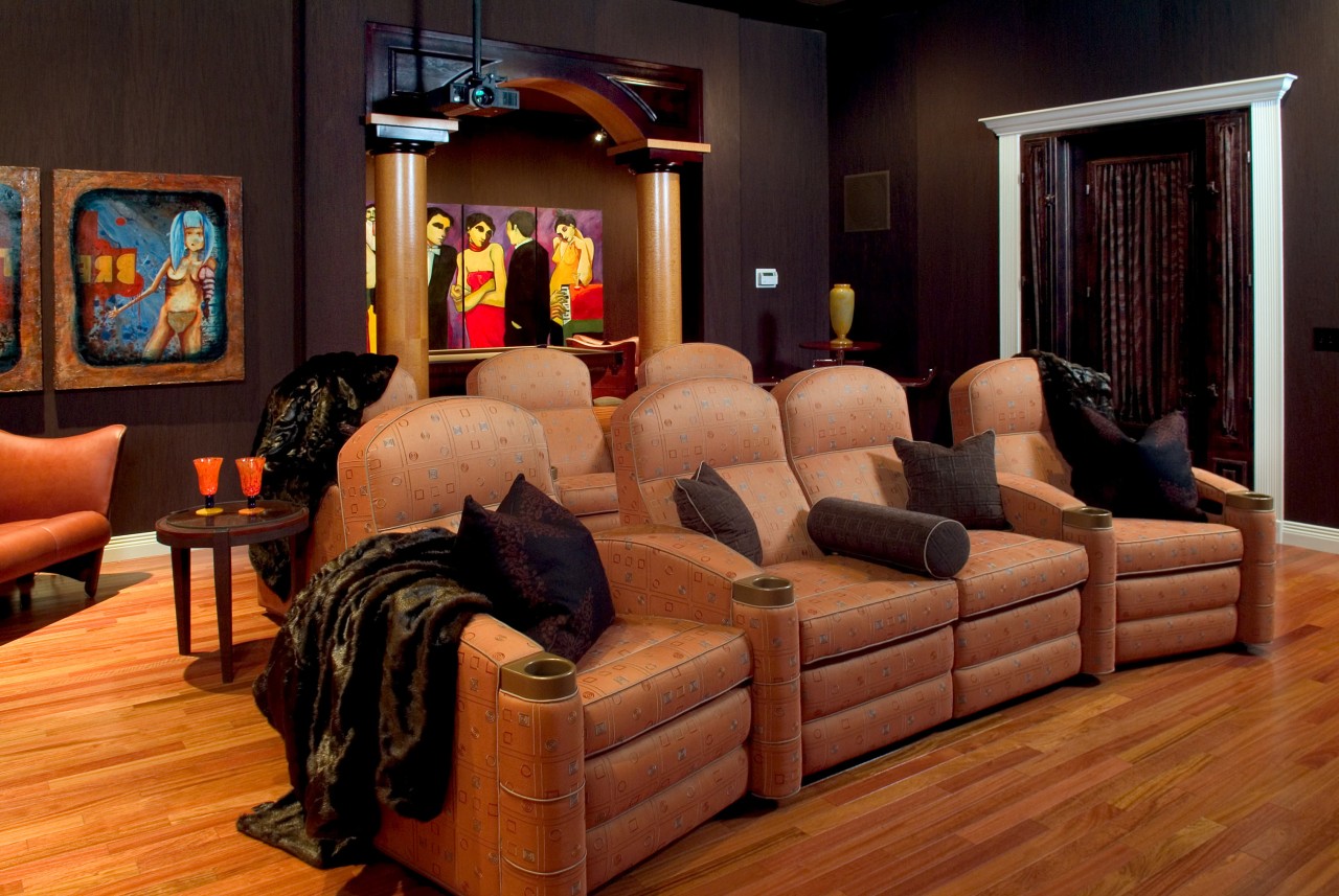 Theater room lazy boy chairs floor, flooring, furniture, hardwood, home, interior design, living room, room, wood, black, brown