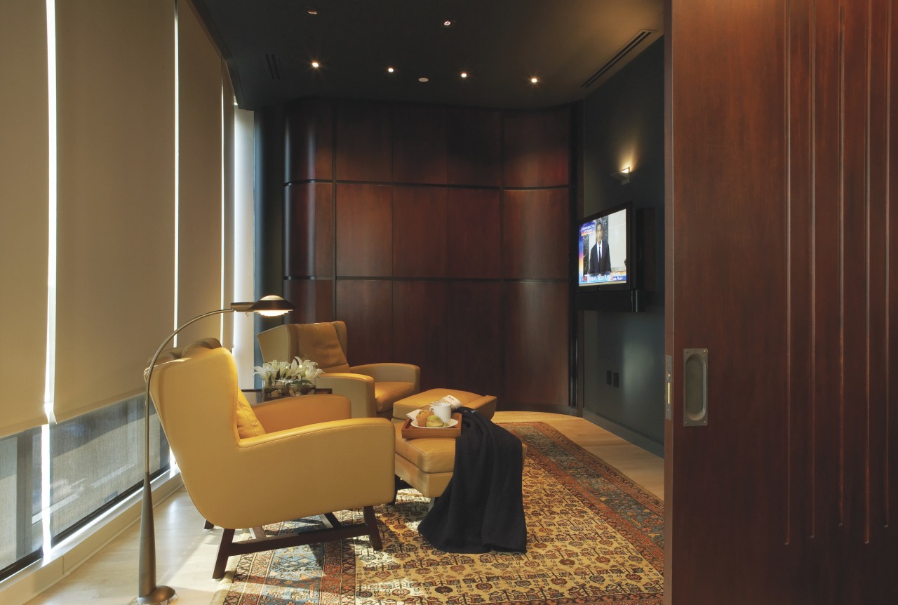 Contemporary lounge with Sivoia blind system architecture, ceiling, furniture, home, interior design, lobby, room, wall, brown, red